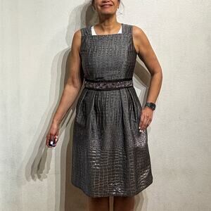 Carmen Marc Valvo Silver Sequin Beaded Midi Cocktail Dress Sz 8
